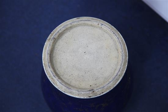 A Chinese gilt-decorated blue ground baluster jar, 19th century, 35cm, wood stand and cover, gilt decoration worn